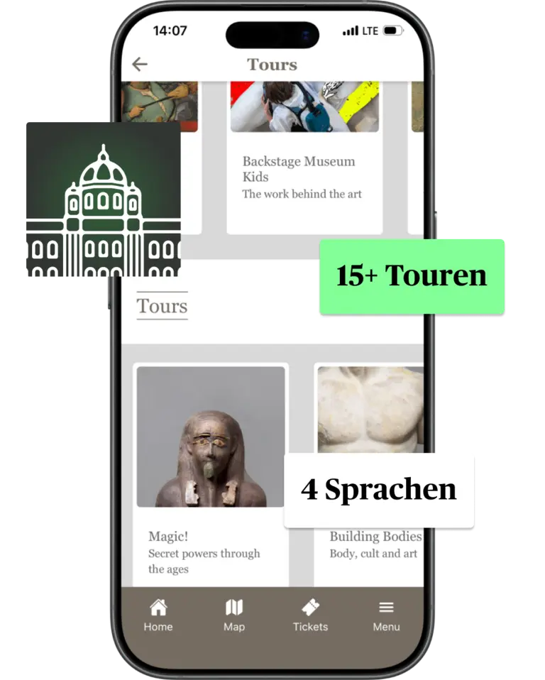 Eine mobile App zeigt verschiedene Touren im Museum an. Es sind über 15 Touren verfügbar, darunter