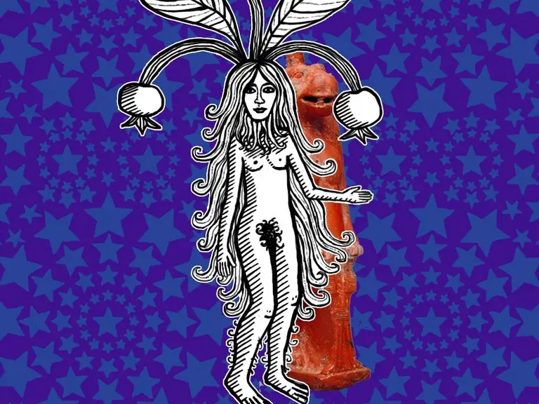 Eine stilisierte Figur mit langen Haaren und Pflanzenblättern auf dem Kopf steht zentral auf einem leuchtend blauen Hintergrund mit Sternenmustern. Die Figur hat eine einfache, grafische Darstellung und wirkt lebhaft und kreativ.