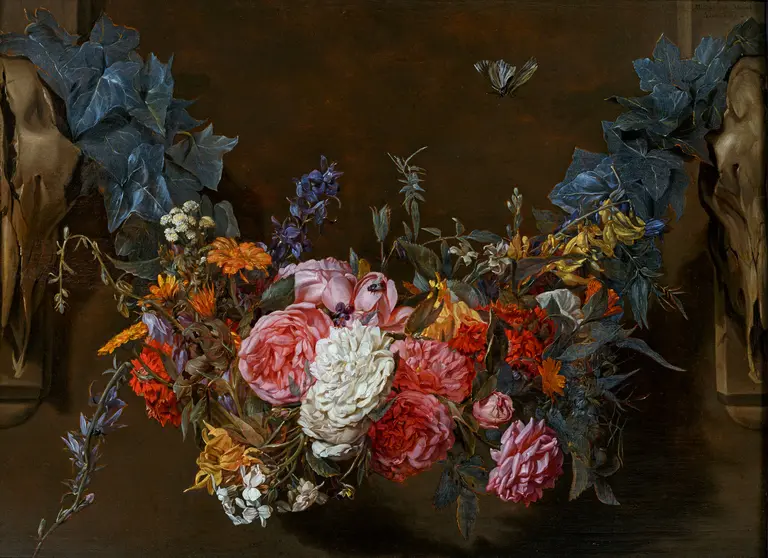 Michaelina Wautier, Blumengirlande mit Schmetterlin, 1652