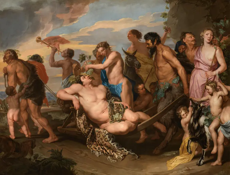 Eine Gruppe mythologischer Figuren ist dargestellt, darunter Dionysos, der Gott des Weins, der mit anderen feiernden und tanzenden Personen interagiert. Die Szene strahlt Freude und Festlichkeit aus, umgeben von Natur und musikalischen Elementen.