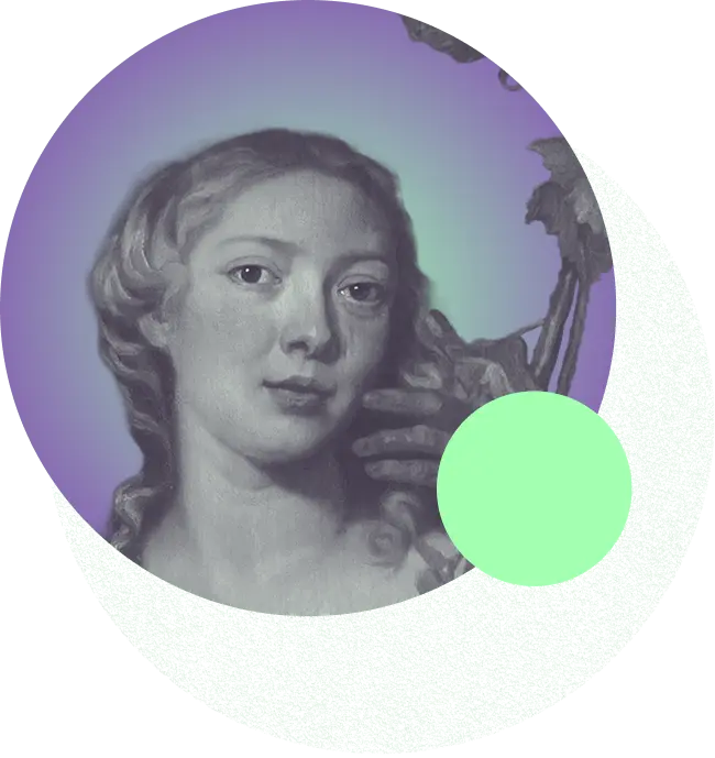 Ein religiöses Porträt einer Frau mit langen, welligen Haaren und einem nachdenklichen Ausdruck. Sie wird von einer Hand berührt, die aus dem Hintergrund kommt, vor einem bunten, abstrakten Hintergrund mit Kreisen.