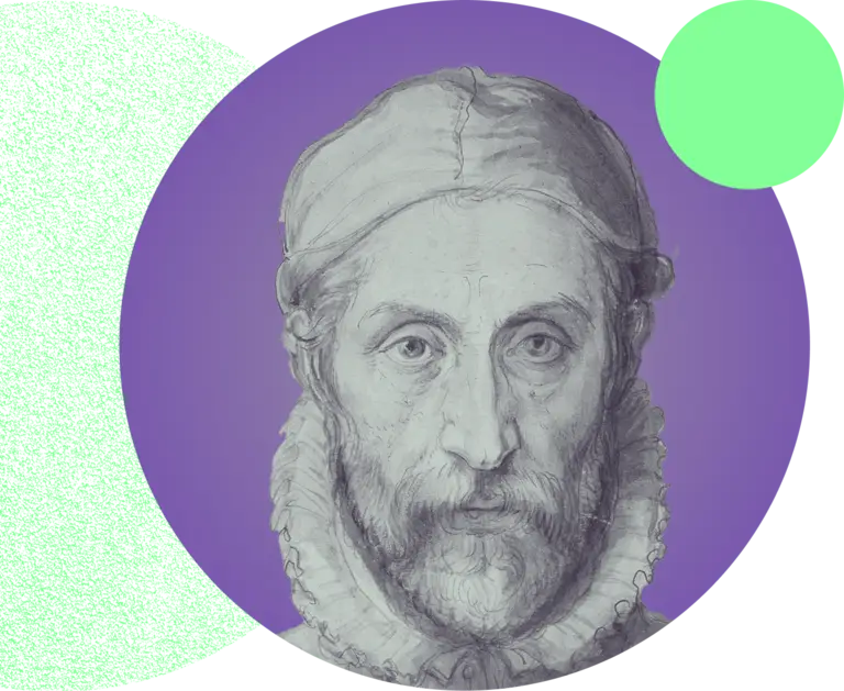 Ein dekoratives Porträt eines älteren Mannes mit einem Bart und einem kragenartigen Gewand. Er trägt eine Mütze und schaut direkt in die Kamera. Der Hintergrund ist lila mit geometrischen Formen in grün und schwarz.