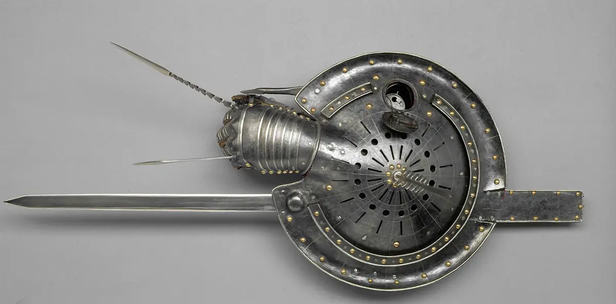 Laternenschild mit Eisenhandschuh und einschiebbarer Stoßklinge