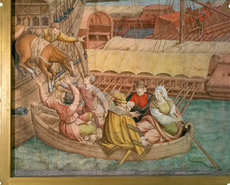 A scene depicts a group of people in a boat trying to save a horse being lifted from the water. Some individuals are actively assisting, while others watch. The background features ships, suggesting a nautical setting. The action conveys urgency and teamwork in a dramatic moment.