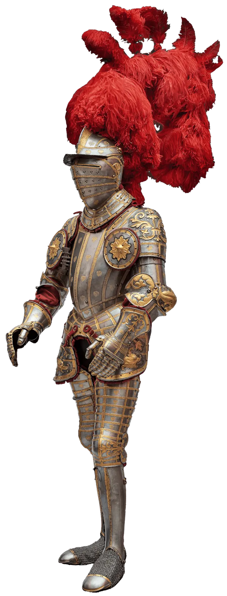 A detailed suit of armor stands upright, adorned with intricate gold designs. It features a helmet with a visor and a tall plume of red feathers on top. The armor covers the entire figure, highlighting the craftsmanship of historical armor design.