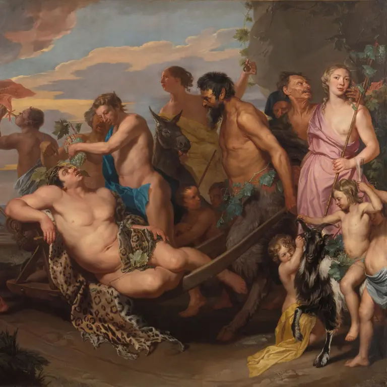 Das Bild zeigt eine lebhafte Szene mit mehreren Personen, die an einem Fest teilnehmen. Im Vordergrund ist ein nackter Mann in einem Leopardenmuster gekleidet, umgeben von weiteren Männern, Frauen und Kindern. Einige halten Instrumente und Fackeln, während Pflanzen und Früchte dekorativ ins Bild integriert sind.