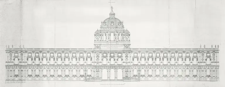 Architectural drawing of a grand building facade featuring a central dome, decorative elements, and a series of windows and doors. The design emphasizes symmetry and classical architectural details, showcasing a prominent entrance and statues along the roofline.