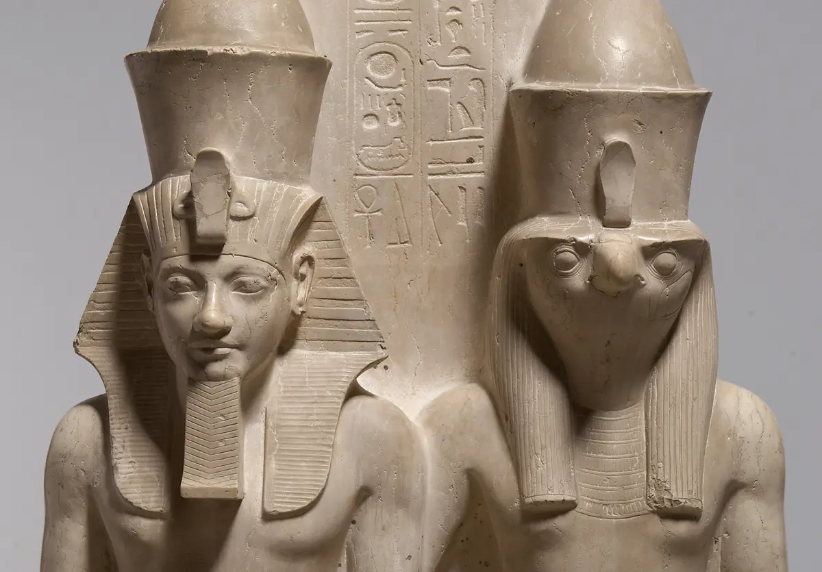 Statue group of the god Horus and King Haremhab