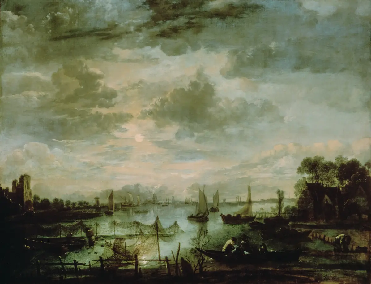 River Landscape by Moonlight