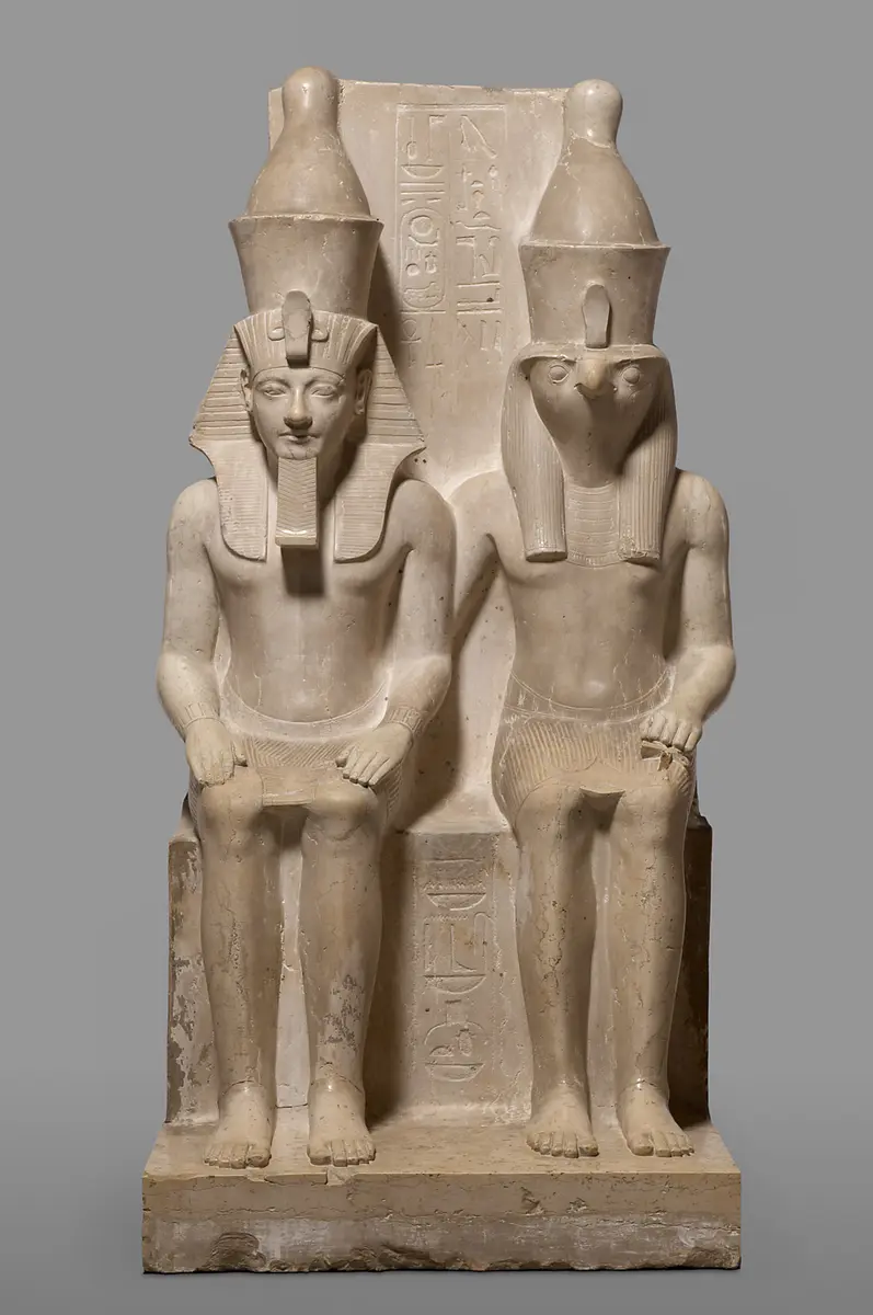Statue group of the god Horus and King Haremhab