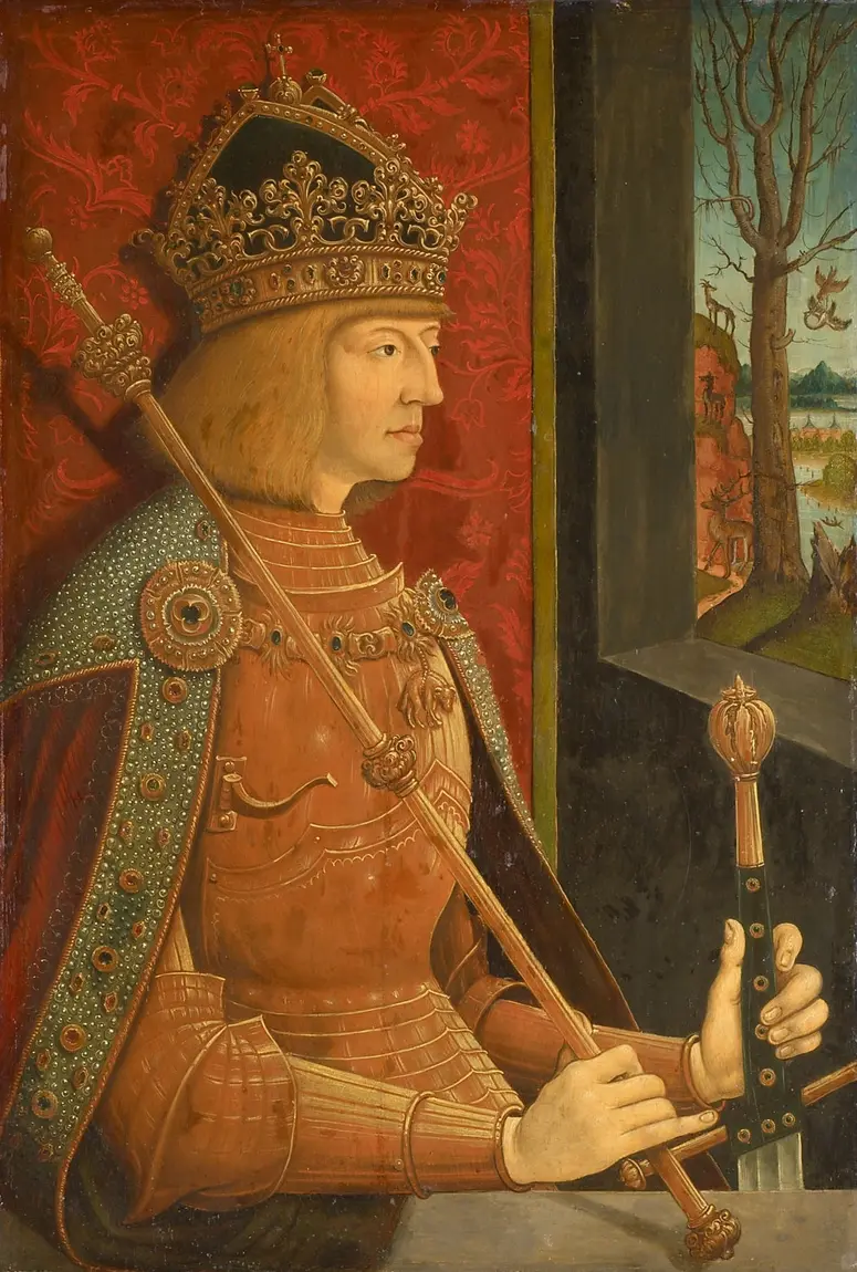 Maximilian I. (1459-1519), Bildnis in halber Figur im goldenen Harnisch