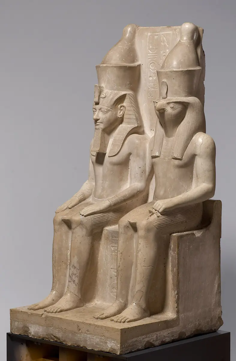 Statue group of the god Horus and King Haremhab