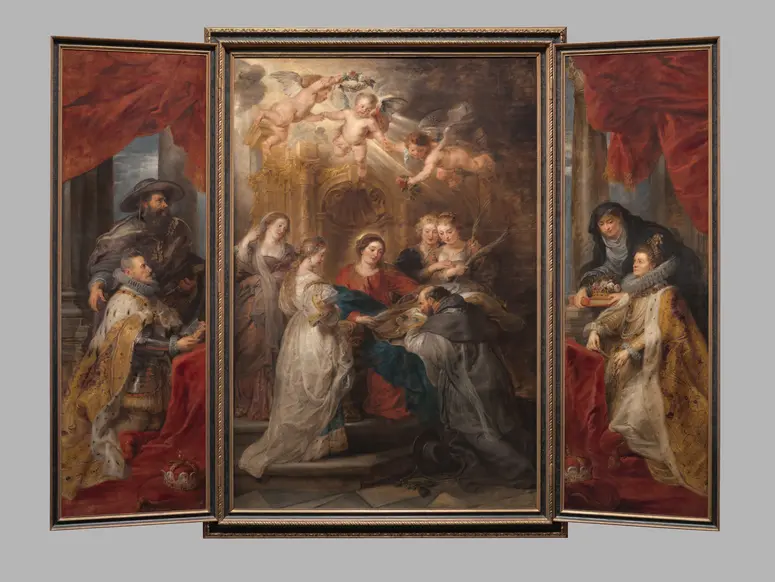 Ildefonso-Altar: Maria erscheint dem hl. Ildefonso (Mittelteil), Erzherzog Albrecht der VII. (linker Innenflügel) bzw. Infantin Isabella Clara Eugenia (rechter Innenflügel), beide mit ihren Schutzpatronen