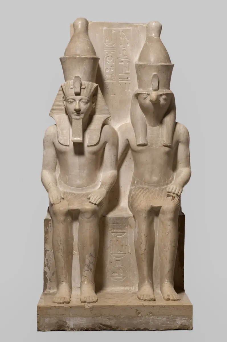 Statue group of the god Horus and King Haremhab